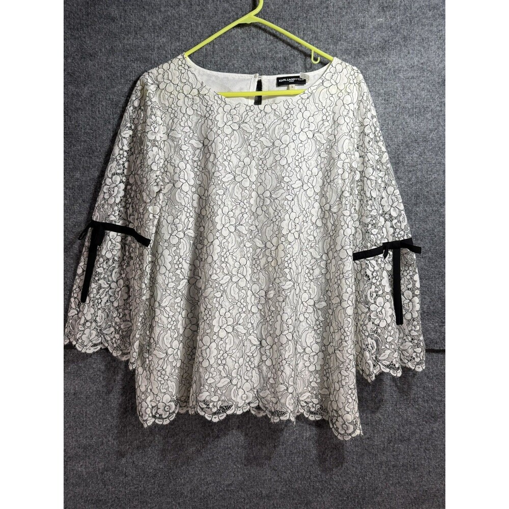Karl Lagerfeld Paris Floral Lace Blouse Women’s Large White Black Trim Bow Bell